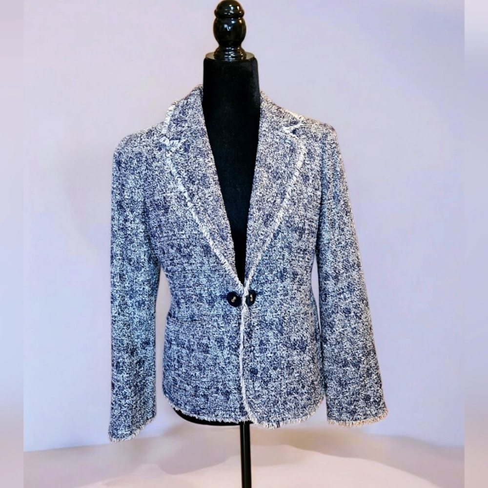 Tweed Fringe Trim Blazer-Navy Blue & White- Timeless Style